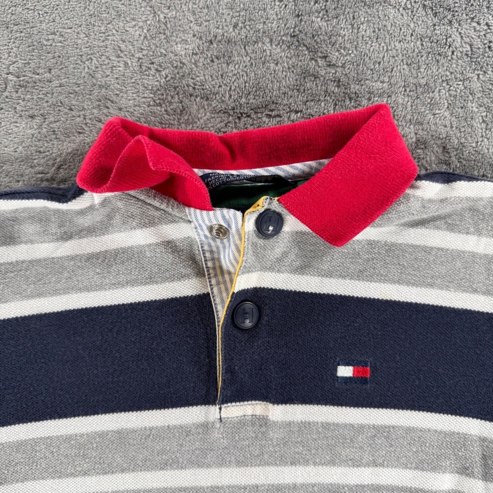Vintage Tommy Hilfiger Rugby Shirt Size 6 Navy Grey Striped Long Sleeve Polo